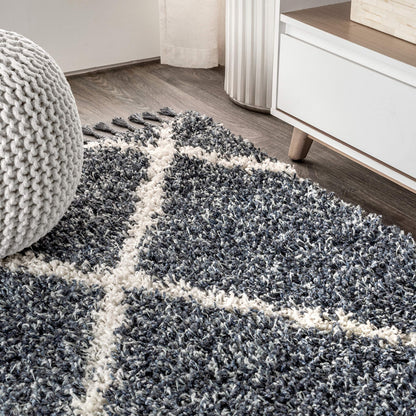 JONATHAN Y Mercer Shag Plush Tassel Denim Blue/Cream Indoor Area Rug, 3x5, Moroccan Geometric Trellis, Transitional, Easy-Cleaning for Living Room, Bedroom, Kitchen, Non-Shedding (MCR104A-3)