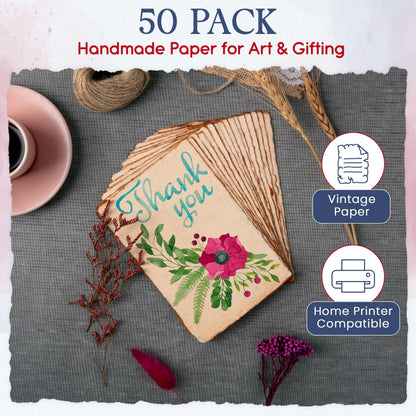 Wanderings Handmade Antique Deckle Edge Blank Cards - 4" x 6" Package of 50 - Mixed Media Cards for Announcements Invitations Crafts - Thick Deckled Edge Paper 150 GSM Recycled Paper