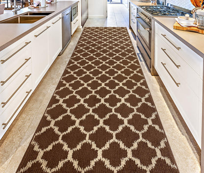 Custom Size Cut to Length Moroccan Trellis Design Runner Rug Mat For Wide Long Hallways with Non-Slip Rubber Backing, Better Traction for Pets, Prevent Slippage, Trellis Brown, 31 inch X 7 feet