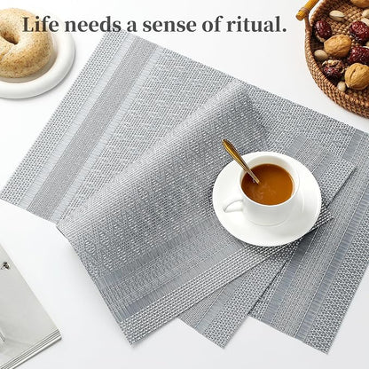 Leetaltree Lunar Grey Placemats Set of 6 - Heat Resistant Non-Slip Place mats for Dining Table, Washable Durable PVC Vinyl Woven Table Mats（Lunar Grey, 6）