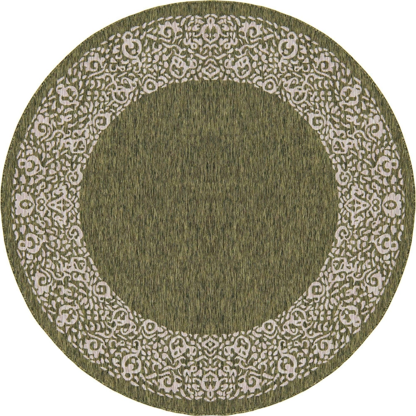 Unique Loom Outdoor Border Collection Area Rug - Floral Border (7' 10" Round, Green/ Ivory)
