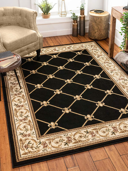 Patrician Trellis Black French European Formal Traditional (5'3" x 7'3") Area Rug Stain Fade Resistant Shed Free Modern Contemporary Floral Transitional Thick Soft Plush Living Dining Room Rug