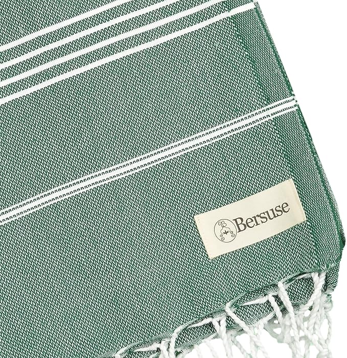 Bersuse Towels Anatolia XL Beach Blanket Throw Blanket Turkish Towel 100% Cotton Extra-Large Quick-Dry Lightweight Premium Peshtemal Towel - 61x82 Inches, Forest Green (Set of 3)