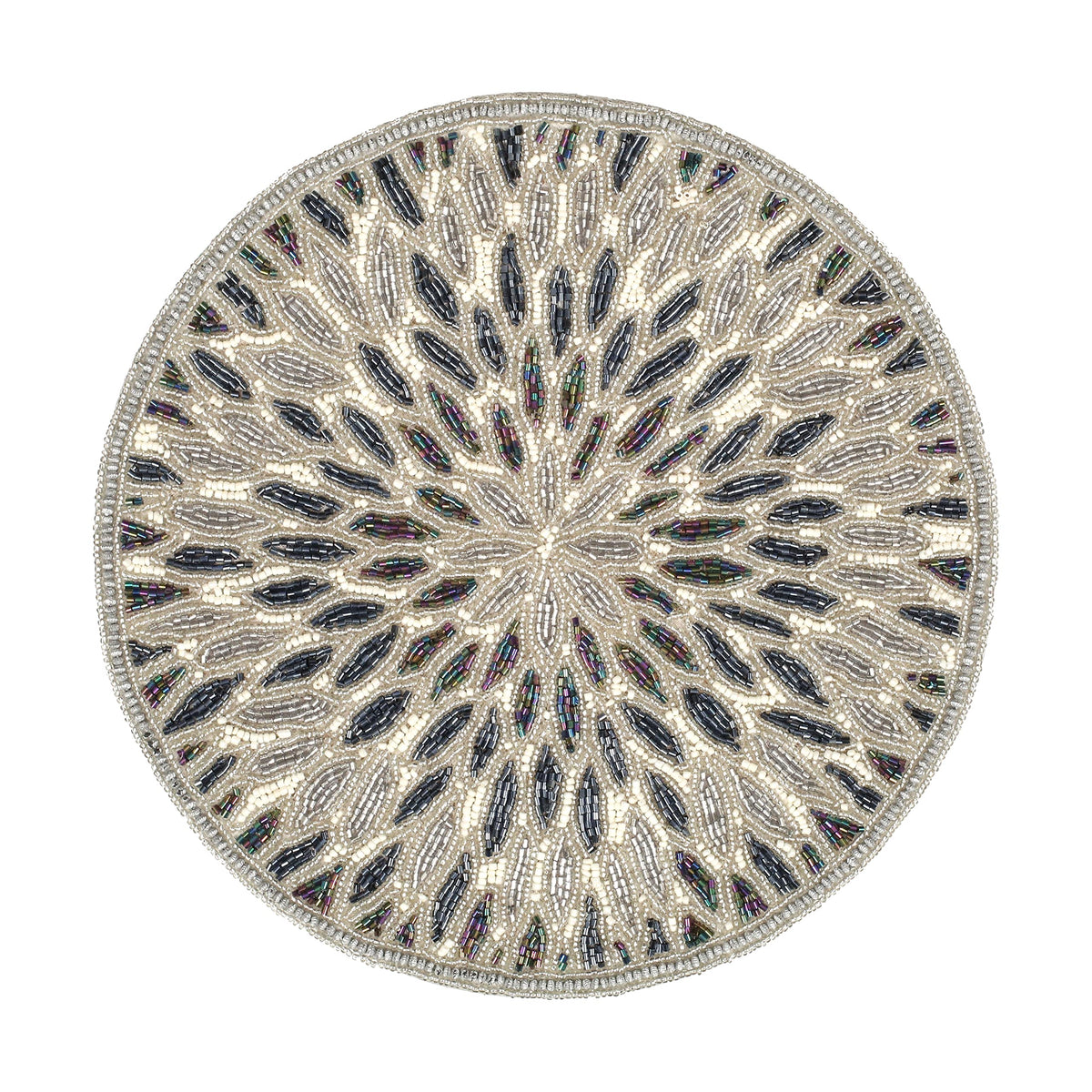 Beaded Charger 13" Round Floral Marigold - Silver Dark Grey Placemat for Dining Table, Holiday & Christmas
