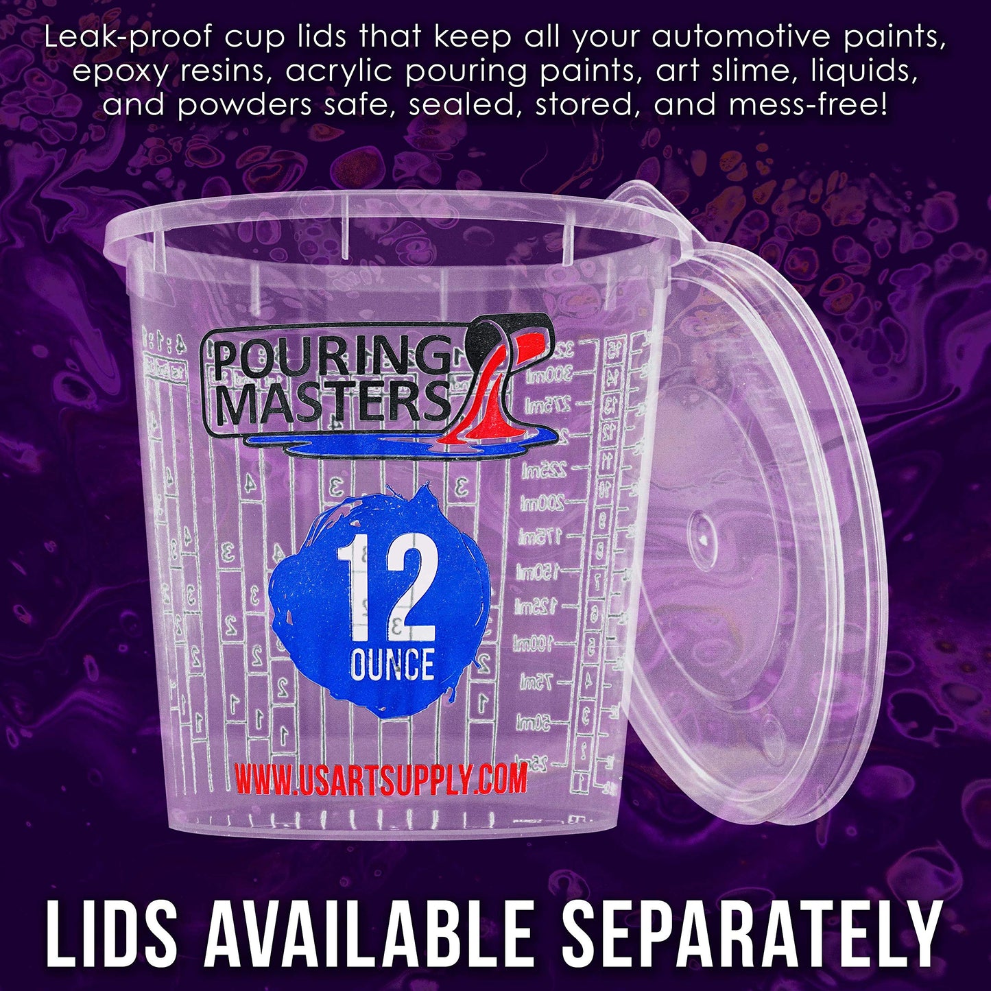 Pouring Masters 12 Ounce (350ml) Graduated Plastic Mixing Cups (Box of 20) - Paint Mixing Cups for Epoxy Resin, Art, Kitchen, Baking - Measurements in OZ and ML, 4 Different Measuring Ratios 1:1