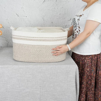 Large Rectangle Blankets Basket Living Room 22"x17"x12" Woven Cotton Rope