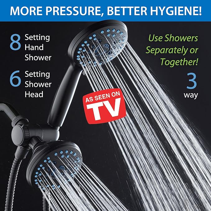 Hotel Spa AquaCare As-Seen-On-TV High Pressure 48-setting Rain & Handheld 3-way Shower Head Combo - Anti-clog Nozzles/Tub, Tile & Pet Power Wash/Extra Long 6 ft. Hose/Matte Black Finish