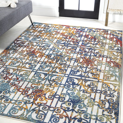JONATHAN Y Ornate Trellis Indoor Outdoor Area Rug 3X5 Cream/Blue/Orange, Cetara for Backyard, Patio, Porch, Easy-Cleaning, High Traffic, Pet-Friendly, Non-Shedding (AMC111A-3)